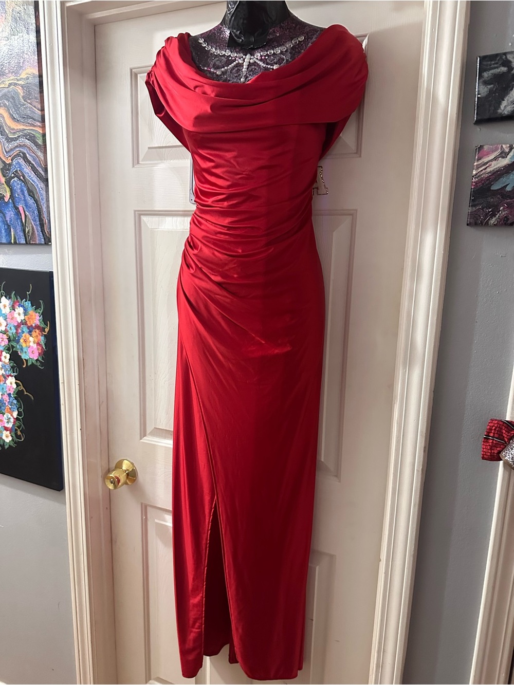 Red Draped Evening Gown - Elegant Floor-Length Dress